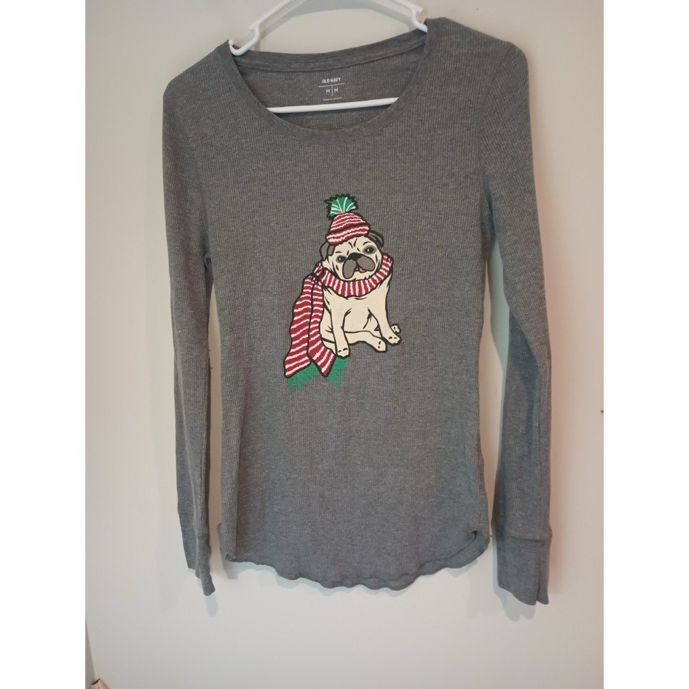 Old Navy Women M Gray Thermal Thermal Shirt Pug Dog Scarf Hat Christmas...
